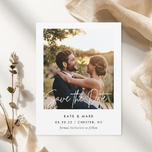 Moderne weiße Rahmen-Foto-Hochzeit - Termin vormer Postkarte