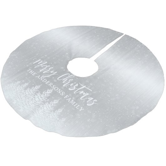 Moderne weiße Schneebäume Metallische Silberfest W Polyester Weihnachtsbaumdecke (Schrägansicht)