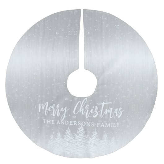 Moderne weiße Schneebäume Metallische Silberfest W Polyester Weihnachtsbaumdecke (Vorderseite)