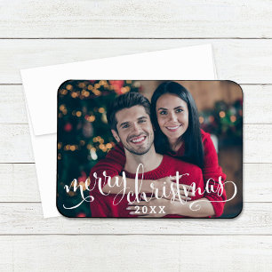 Moderne weiße Schrift Frohe Weihnachten Foto Magnet