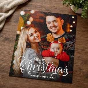 Moderne Weiße Schrift-Overlay-Weihnachtsfoto  Puzzle