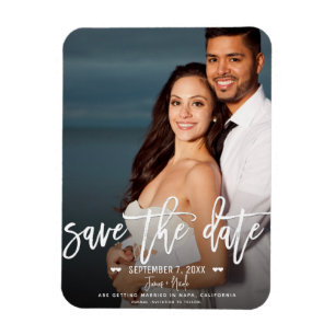 Moderne weiße Schrift Save the Date Hochzeitsfoto Magnet