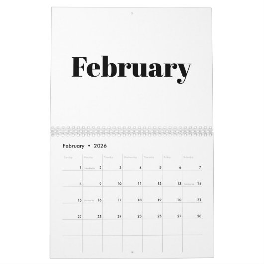 Moderne weiße schwarze fette Typografie Monat 2024 Kalender (Feb 2026)