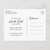 Moderne weiße Script-Hochzeit SPEICHERN DAS DATUM Ankündigungspostkarte (Rückseite)