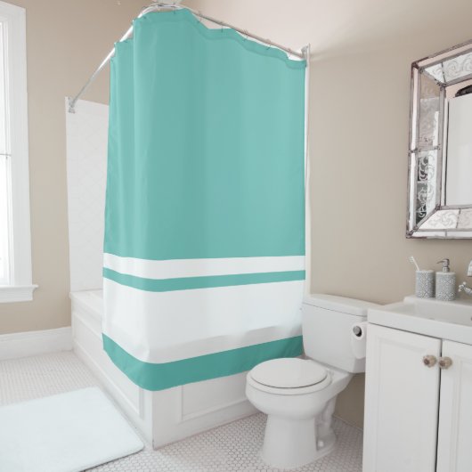 Moderne weiße Streifen auf dem Aqua Aquamarin Duschvorhang (Beispiel)