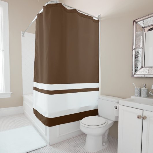 Moderne weiße Streifen auf Kakaobraun Duschvorhang (Beispiel)
