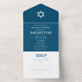 Moderne weiße Typografie auf Blue Bar Mitzvah All In One Einladung (Innen Boden)
