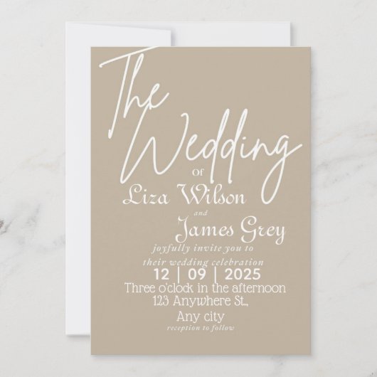 Moderne weiße und beige einfache Hochzeit Einladung (Vorderseite)