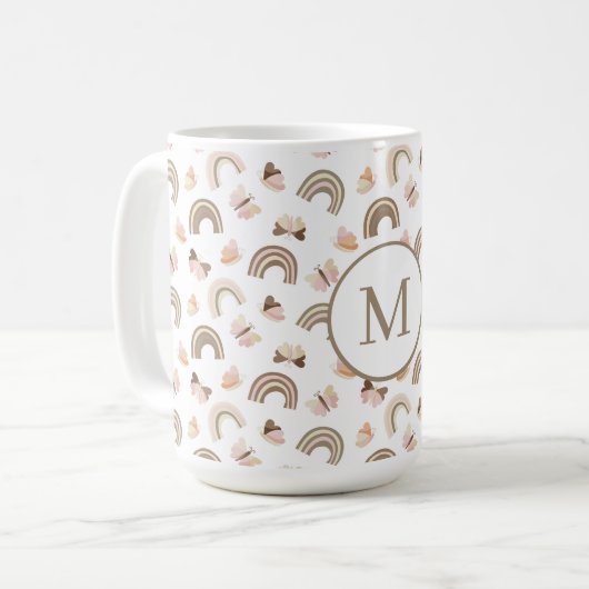 Moderne weiße und rosa Schmetterlinge Regenbogen-M Kaffeetasse (Vorderseite Links)