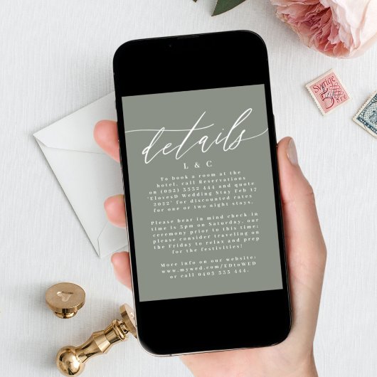 Moderne, weiße und sattelgrüne digitale Details Einladung