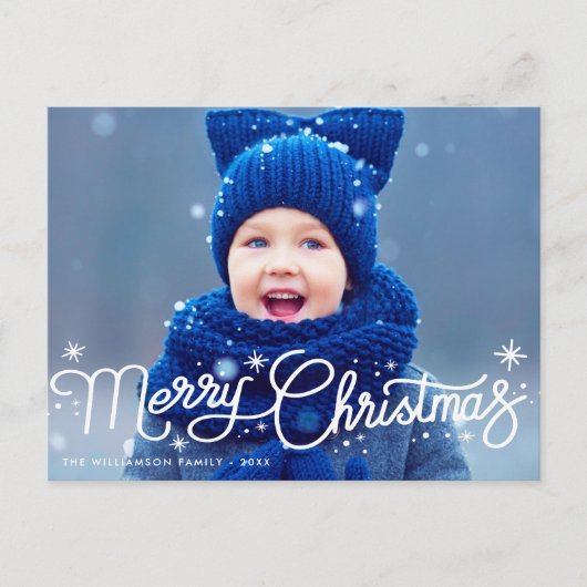 Moderne weiße Weihnachtsblauen Typografie Postkarte (Vorderseite)