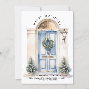 Moderne weiße Weihnachtstür Neue Zuhause-Moving Feiertagskarte