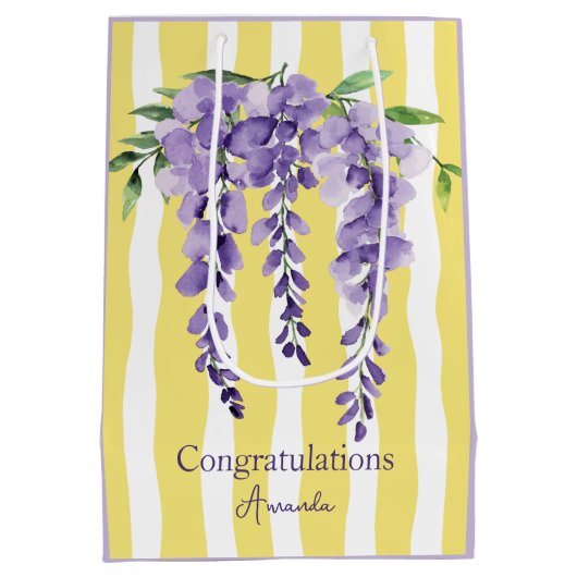 Moderne, wellengelbe Streifen Lila botanischer Chi Mittlere Geschenktüte (Rückseite)