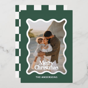 Moderne wellige Kanten-Check-grüne Foto-Weihnachte Folieneinladung