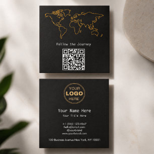 Moderne Weltkarte Charcoal & Gold QR Digital Nomad Quadratische Visitenkarte