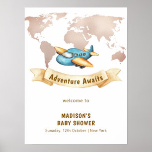 Moderne Weltkarte Flugzeug Junge Baby Shower Willk Poster