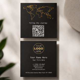 Moderne Weltkarte Gold QR Digital Nomade Holzkohle Quadratische Visitenkarte