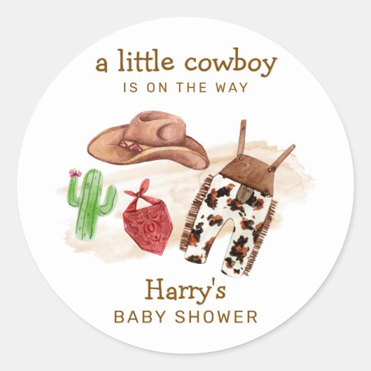 Moderne Western Desert Cactus Cowboy Baby Shower Runder Aufkleber (Vorderseite)