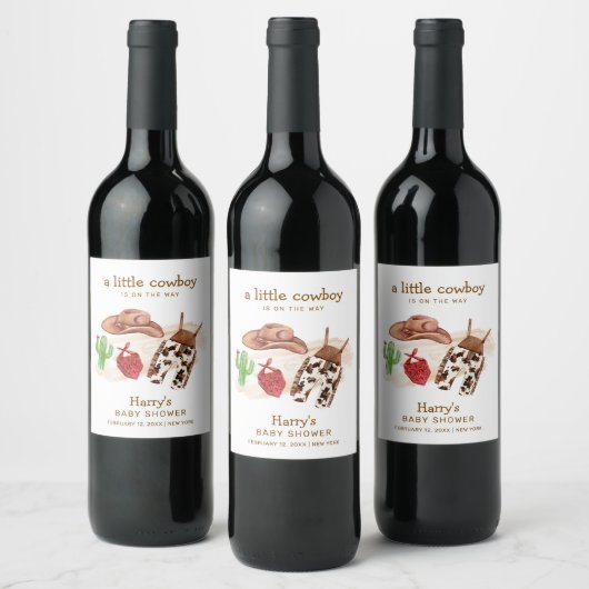 Moderne Western Desert Cactus Cowboy Baby Shower Weinetikett (Flaschen)