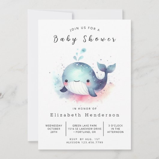 Moderne Whale Baby-Dusche Einladung (Vorderseite)