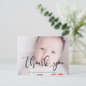 Moderne whimscial Script Baby Dusche danke Postkarte (Stehend Vorderseite)