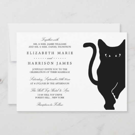Moderne whimsical Black Cat Wedding Einladung (Vorderseite)