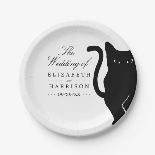 Moderne whimsical Black Cat Wedding Pappteller (Vorderseite)