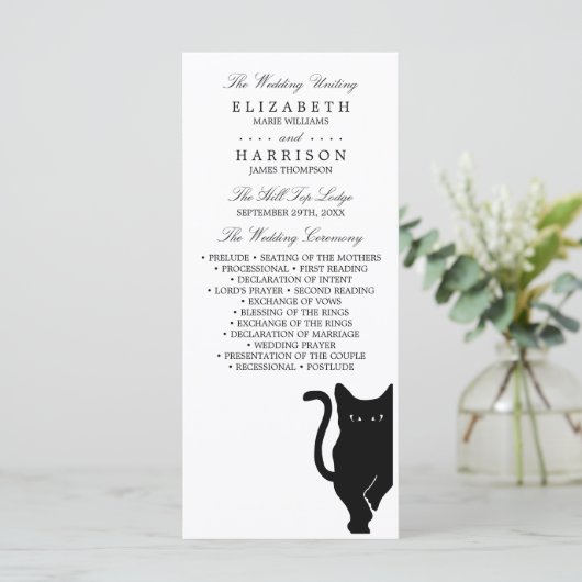 Moderne whimsical Black Cat Wedding Programm (Stehend Vorderseite)