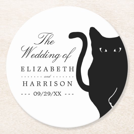 Moderne whimsical Black Cat Wedding Runder Pappuntersetzer (Vorderseite)