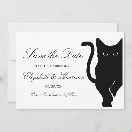 Moderne whimsical Black Cat Wedding Save The Date (Vorderseite)