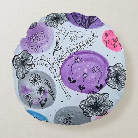 Moderne Whimsical Botanische Runde Kissenhülle Rundes Kissen (Vorderseite)