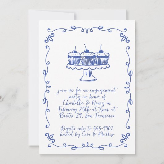 Moderne Whimsical Cupcake Doodle Engagement Party Einladung (Vorderseite)