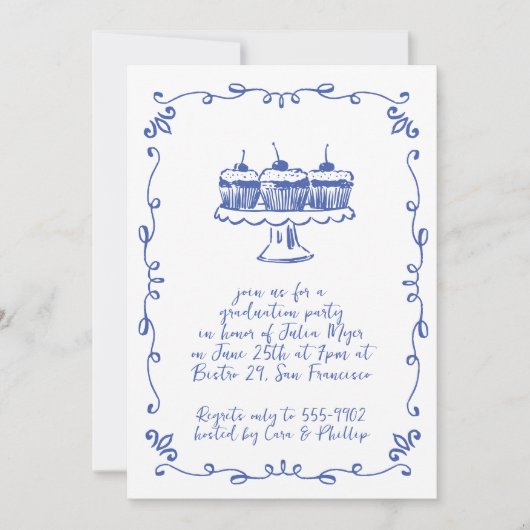 Moderne Whimsical Cupcake Doodle Graduation Party Einladung (Vorderseite)