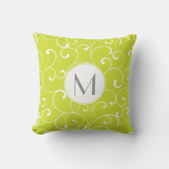 Moderne whimsical Curls Lime Green Mongram Kissen (Vorderseite)