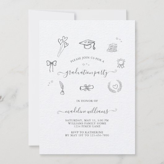 Moderne Whimsical Doodle Graduation Party Einladung (Vorderseite)