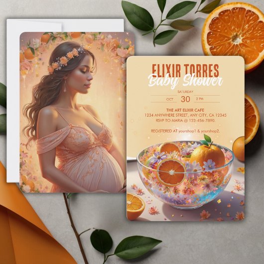 Moderne Whimsical Orange Citrus Foto Babydusche Einladung