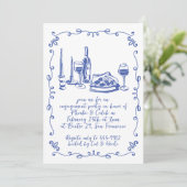 Moderne Whimsical Pizza Wine Doodle Verlobung Einladung (Stehend Vorderseite)