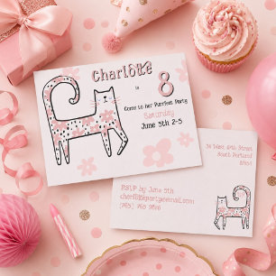 Moderne Whimsical Rosa Katze Perfekter 8. Geburtst Einladung