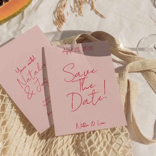 Moderne whimsical rosa rosafarbene Retro-Hochzeit Save The Date