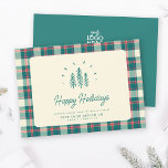 Moderne Whimsical Rustic Bäume Retro Kariertes Ges Feiertagskarte<br><div class="desc">Moderner rustikaler Charme vermitteln Ihren Weg! 🌲 Passen Sie Ihre Grüße mit unserer Whimsical Trees & Retro Turquoise Kariert Card an. Warme Wünsche für eine schöne Ferienzeit! 🎄 #BusinessHolidayCard #RusticCharm</div>