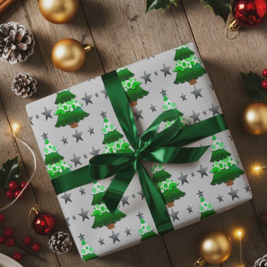 Moderne whimsical Weihnachtsbäume & Silberstars Geschenkpapier