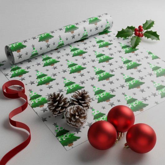 Moderne whimsical Weihnachtsbäume & Silberstars Geschenkpapier