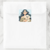 Moderne Whimsikfrauen und ihr Hund Quadratischer Aufkleber (Tasche)