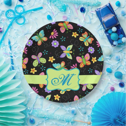 Moderne Whimsy Butterfets Black Green Monogram Pappteller (Party)