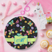 Moderne Whimsy Butterfets Black Green Monogram Pappteller (Party)