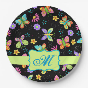 Moderne Whimsy Butterfets Black Green Monogram Pappteller