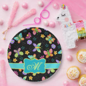 Moderne Whimsy Butterfets Black Turquoise Monogram Pappteller (Party)