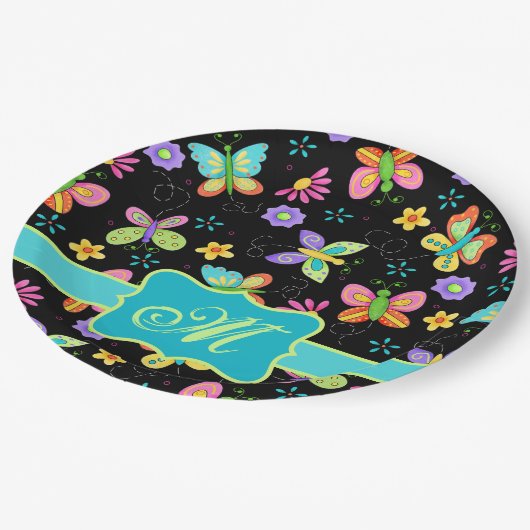 Moderne Whimsy Butterfets Black Turquoise Monogram Pappteller (Schrägansicht)