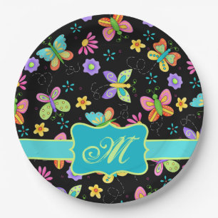 Moderne Whimsy Butterfets Black Turquoise Monogram Pappteller
