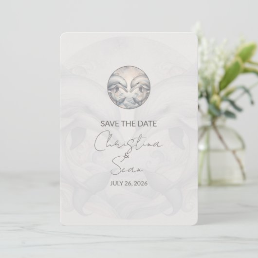Moderne Whimsy-Delphine Hochzeit retten die Datums Save The Date (Stehend Vorderseite)